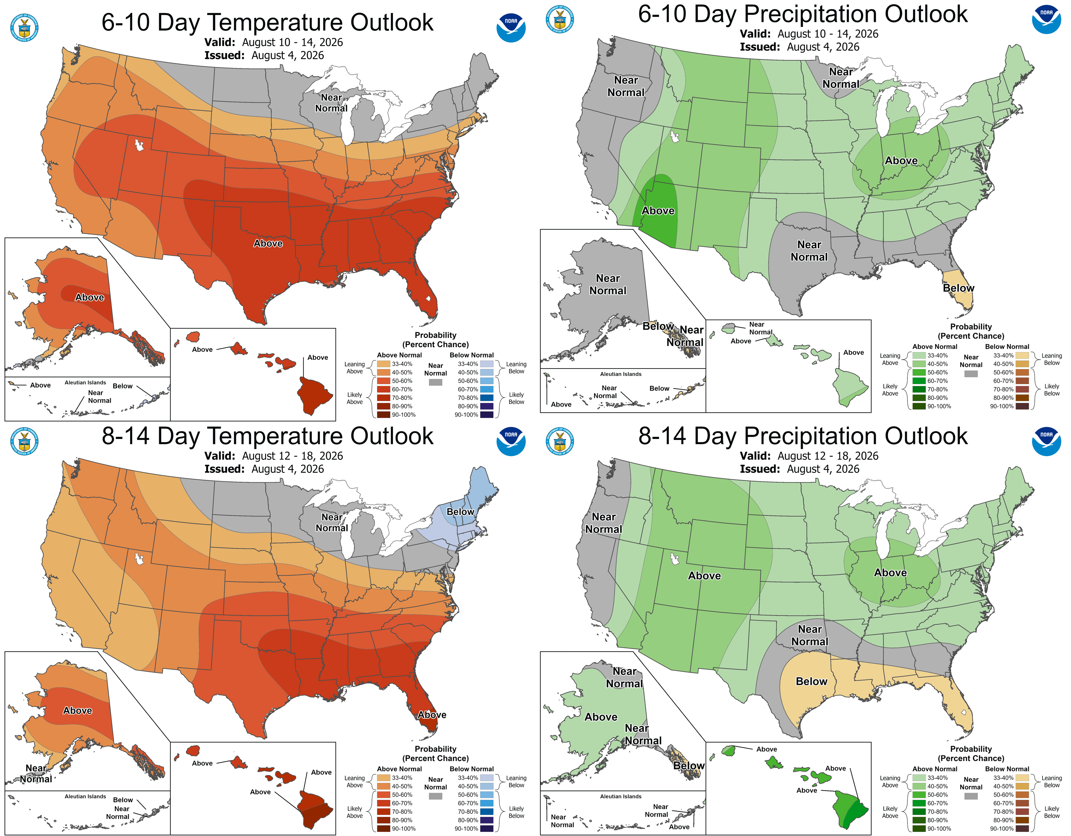 The 6-10 day (Aug. 10-14, top) and 8-14 day (Aug. 12-18, bottom) outlooks for temperature (left) and precipitation (right).&nbsp;